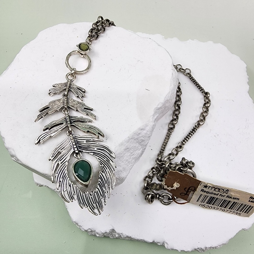 Boho Feather Statement Necklace Silver Tone Green Semi Precious Accent Chain